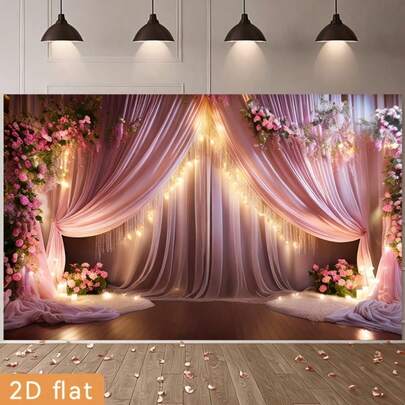 2D Flat Party Banner, 1 Polyester Background Screen, Flower Decoration, Suitable For Wedding Backgrounds, Rooms, Gardens, Homes, Clubs, Farms, No Need For Electricity, Easy To Hang, 2D Flat Design