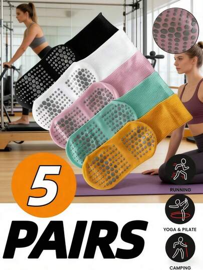 1/2/5 Pairs Unisex Solid Color Non-Slip Yoga Socks, Pilates Socks For Women, With Gripping Dots For Home Fitness, Pilates, Yoga, Ballet, Outdoor Running