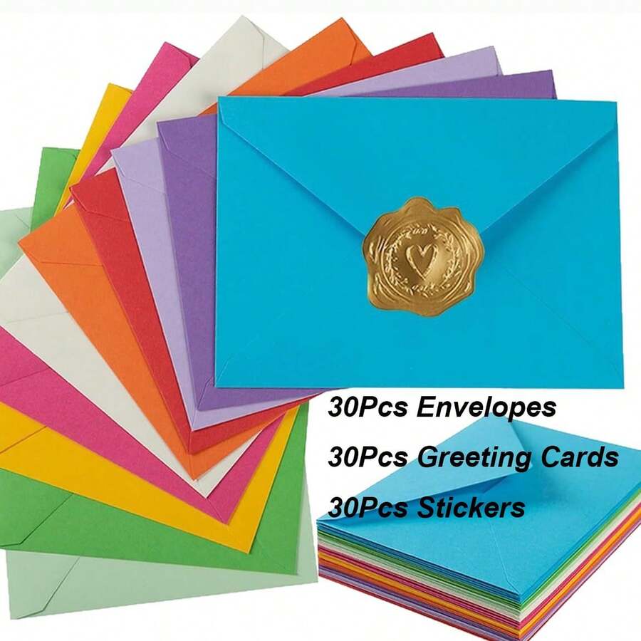 30pcs Envelopes + 30pcs Cards + 30pcs Stickers V-Flap Invitation Envelopes Suitable For Photos, Cards, Birthday, Wedding, Graduation, Announcement, Baby Shower - A - View 1