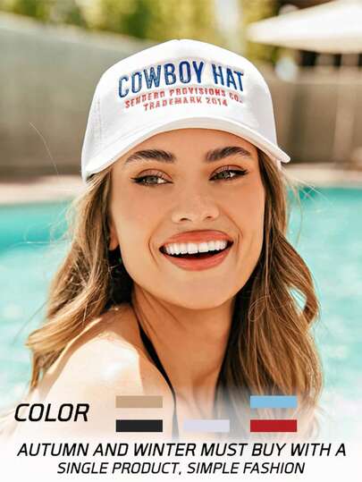 1pc Embroidered COWBOY HAT With Cord, Adjustable Baseball Mesh Cap, Casual Sun Hat For Spring/Autumn Travel, Versatile Sun Protection, Y2K Style For Youth