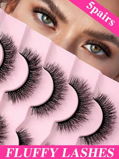 ENCHUW 5 Pairs False Lashes Soft Lashes Thick Eye Lashes False Eyelashes Natural Look Cat Eye Lashes Wispy Fake Eyelashes Fluffy Natural Eye Lashes
