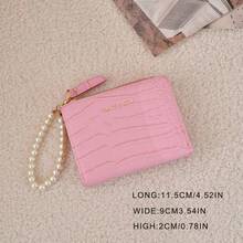 Women's Folding Wallet With Faux Pearls Chain Crocodile Grain Leather Minimalist Korean Style Handheld Design Business Casual Woman Card Case Gifts Essentials Items For Women Wallet Purse Wallet Small Wallet - Hồng - Xem 4