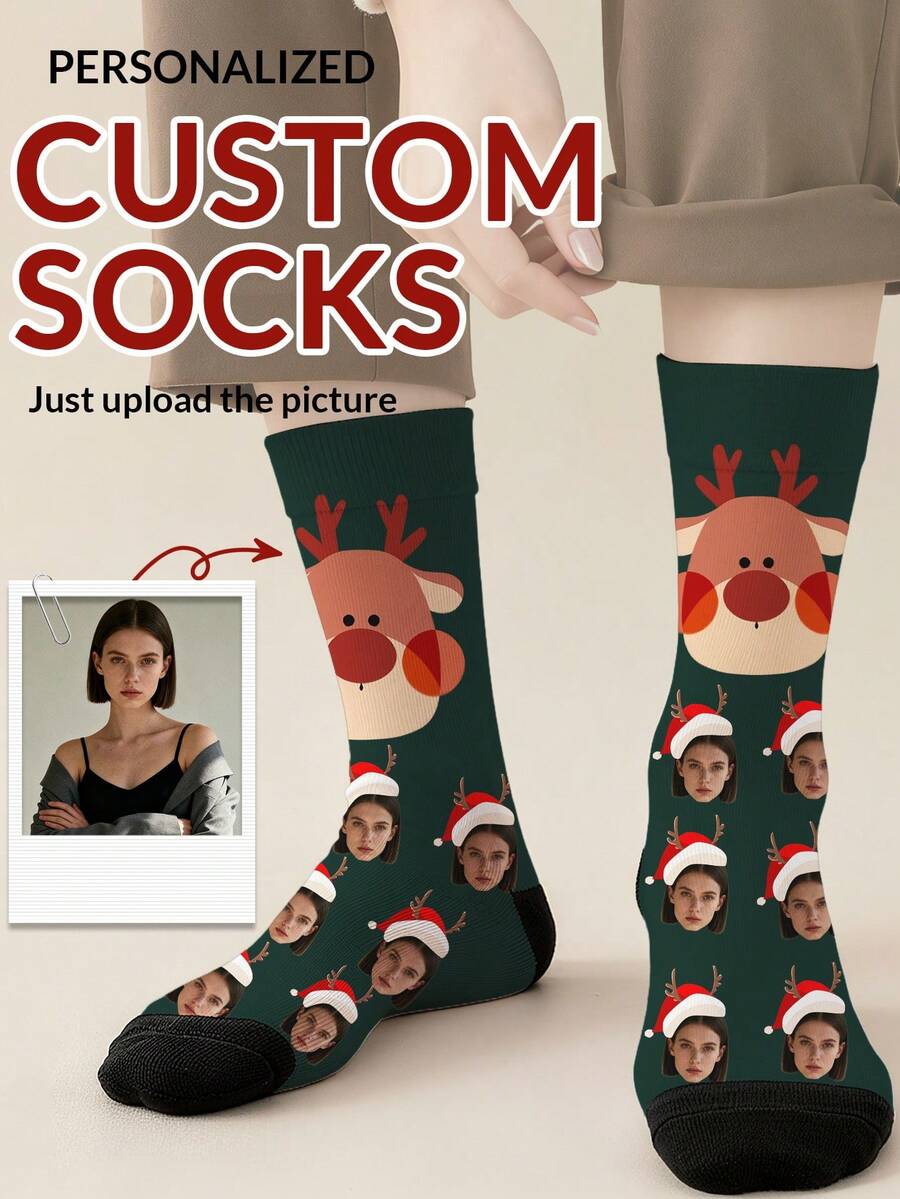 1 par de calcetines personalizados de media pantorrilla con texto y foto impresos, calcetines personalizados con texto "La mejor madre de todas" y foto de un apuesto hombre, calcetines de media pantorrilla personalizados con imagen de pareja, adecuados para el Día del Padre, regalos de cumpleaños y otras ocasiones - Multicolor - Ver 1