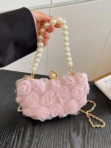 Faux Pearl Handle Evening Bag, Elegant Lace Flower Clutch Bag With Metal Chain Strap, Suitable For Party, Banquet, Women's Gift, Matching Various Dresses - Pink - View 10
