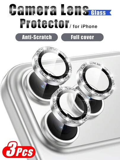 3 قطع من أغطية حماية عدسة الكاميرا، إصدار لامع - حلقة معدنية منفصلة لامعة وجذابة لحماية هاتف آيفون 17 برو ماكس، زجاج مقسى 9H، فضي