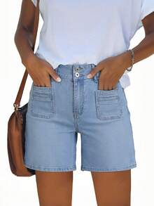Women's Casual Washed Denim Bermuda Shorts With Pockets Straight Leg Slight Stretch Jeans - Light Blue - View 4