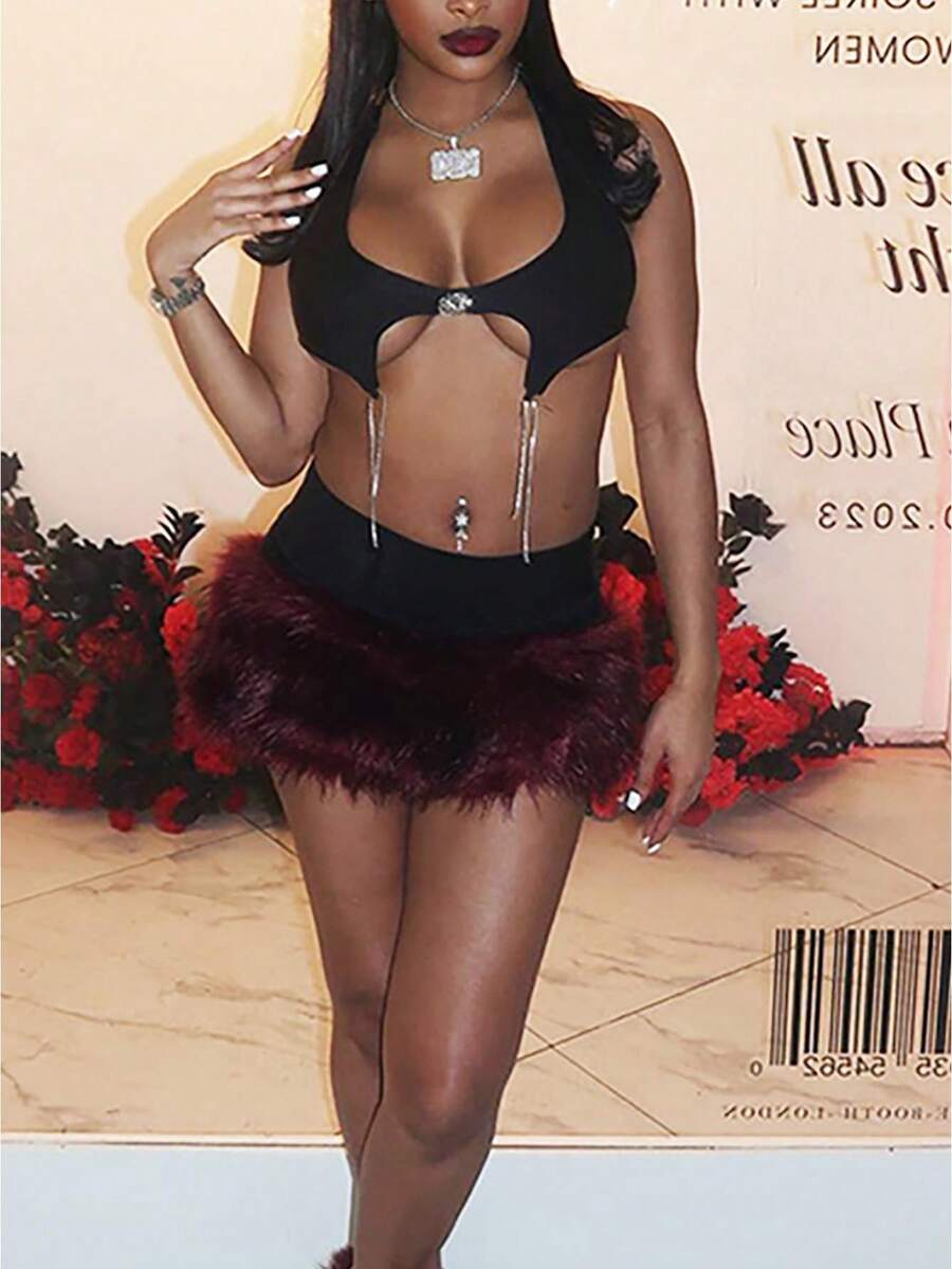 Womens 2026 Halter Tank Tops Rhinestone Flower Tassels Tie-Up Back Lingerie Bra For Going Out Party Club - 黑色 - 查看 1