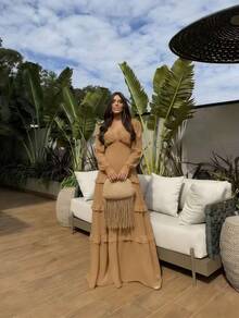 Women's Long Chiffon Dress With Long Sleeves, V-Neck, Ruffled Hem And Lining. - Caqui - Ver 2