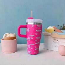 600ml Thermal Mug With Handle, Lid And Straw – Flower Print 1866-600ml - 粉色 - 查看 5