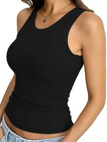 Sports Bra Vest With Non-Removable Padding - Seamless, Wire-Free Design Suitable For All Seasons, Yoga, Running, And Gym Wear. Vest With Built-In Bra, Fall Women's Wear. - 黑色 - 查看 3