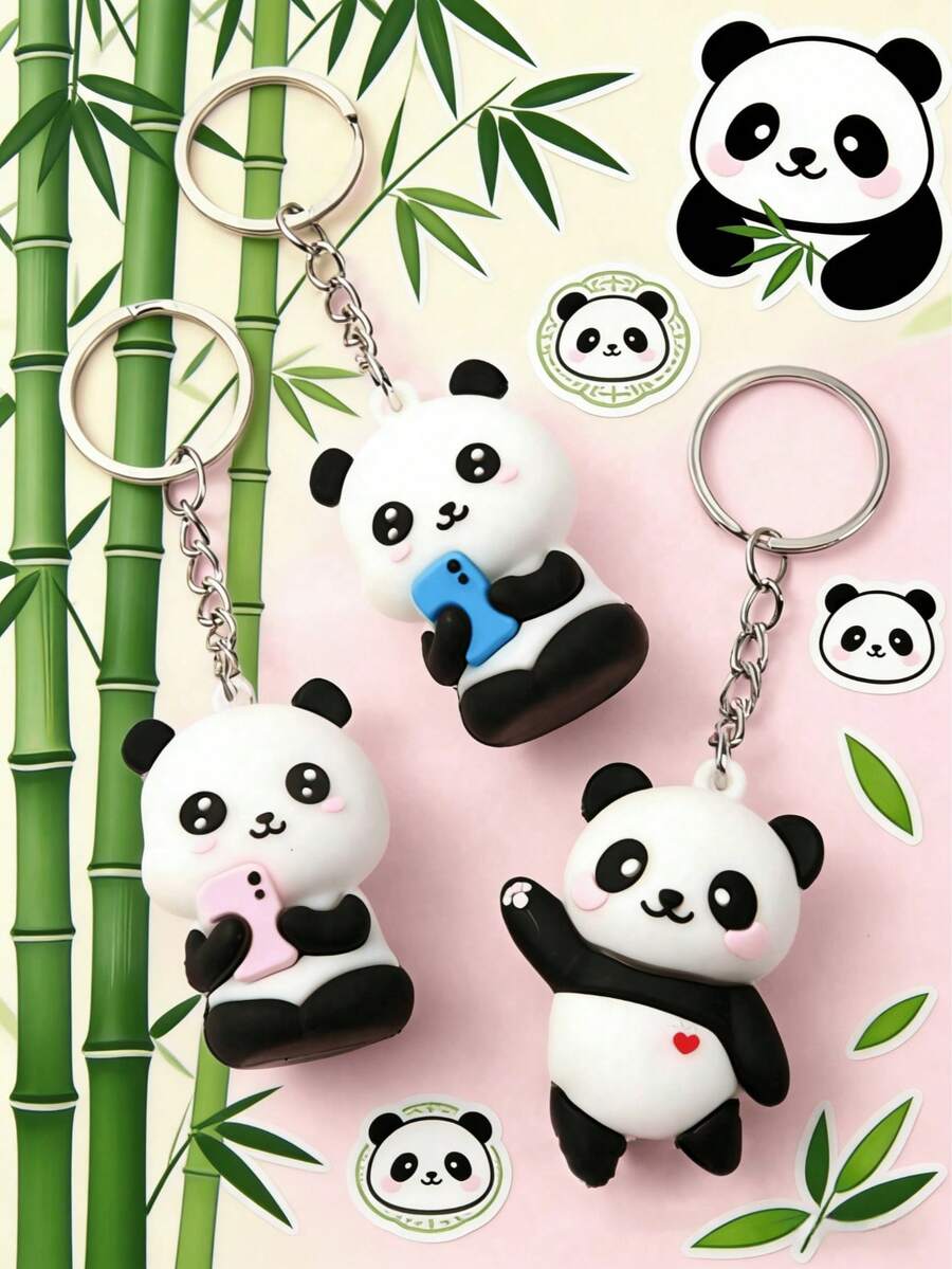3pcs Cute Panda Cartoon Keychain, Suitable As Holiday Gift For Family And Friends, Fits Daily Outfit Decoration - Multicolor - View 1