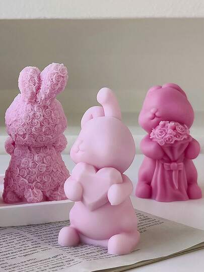 玫瑰心形钻石兔子硅胶模具，3D立体浮雕工艺品，易脱模，手工DIY蜡烛、香薰蜡烛、肥皂、石膏香薰装饰，可爱拥抱爱心花束兔子造型，适合求婚、情人节、母亲节、圣诞节礼物、婚礼回礼、桌面装饰、手工爱好用品