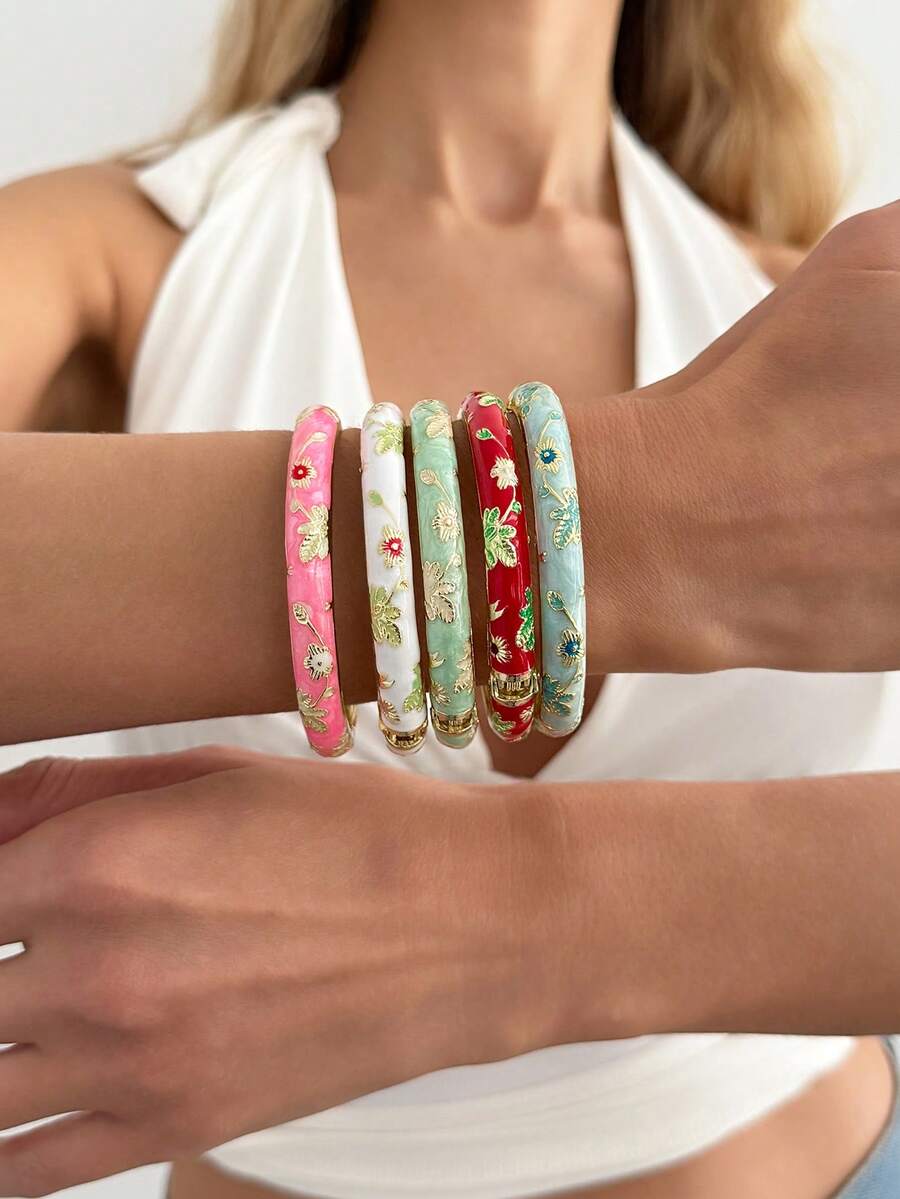 Bộ 1 chiếc vòng tay hoa văn tráng men cổ điển thanh lịch, món quà lý tưởng cho phụ nữ trong đám cưới Trung Quốc và các lễ hội. - Vòng tay hoa nhỏ giọt dầu - Xem 1