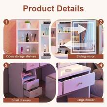 Vanity Desk With Sliding Mirror And Lights, 3 Color Lighting Modes Brightness Adjustable, Makeup Vanity Set With Drawers, Stool And Open Shelves, Dressing Table For Bedroom - View 4