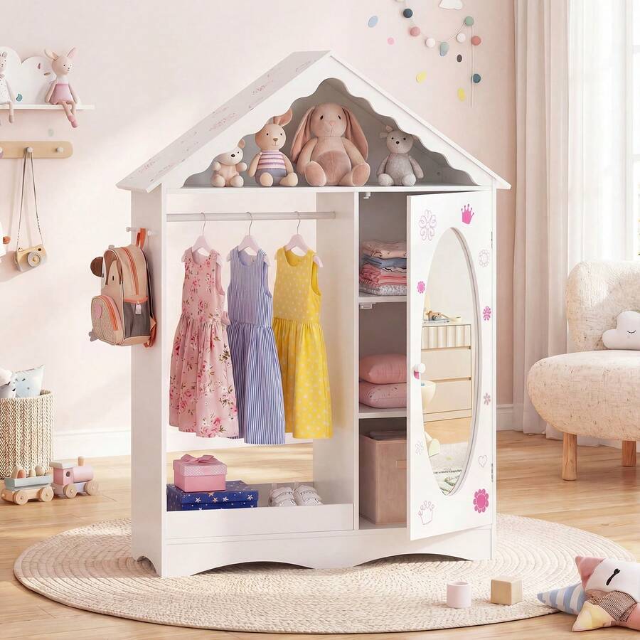 Kids Dress Up Storage W/ Mirror Roofed Wardrobe Closet W/ Open Hanging Rack - White - View 1