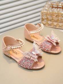 1 Pair Children's Sandals With Rhinestone, Pearl, Bow Decor, PU Patchwork Round Toe, Suitable For Daily Wear, Dance, Outdoor, Festivals, Parties, Glitter Princess Sandals, Fit For Spring, Summer, Autumn - Pink - View 2