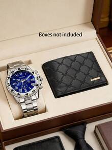 1 pieza/2 piezas/3 piezas Conjunto de reloj de cuarzo de lujo con esfera grande y puntero de aleación giratorio para hombres, con cartera de moda multicapa, monedero y llavero, conjunto de regalo de alta gama, adecuado para novio, Día de San Valentín, Día del Padre, fiesta, vacaciones - Plateado - Ver 6