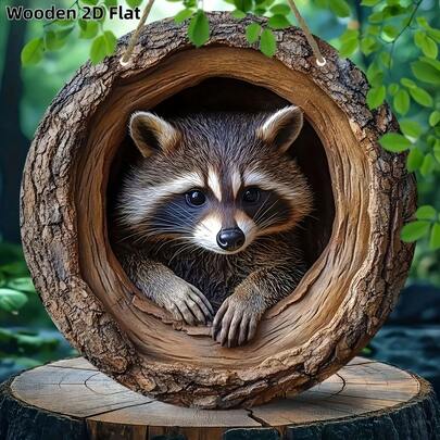 1pc 2D Flat, Wooden Printed Sign/Raccoon In Tree Hollow, Multipurpose Wall Decor, Suitable For Home, Yard, Door, Bathroom - 2D Design Perfect For Room Decoration, 2D Flat, Pre-Drilled Holes As Size Shown