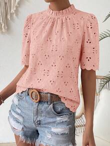 Women's Summer Top Elegant Fashion Short Sleeve Perforated Embroidery Fashion Casual Shirt - 粉色 - 查看 3