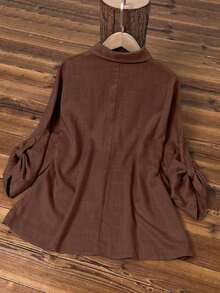 Camisa de mujer casual de lino de unicolor con mangas enrollables y detalles de botones, de manga larga, para primavera - Marrón - Ver 9