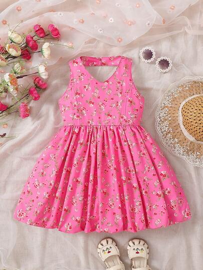Vintage Pink Floral Sleeveless Ruffle Hem Girls Dress, Waist Cinched Fairy Garden Party Dress