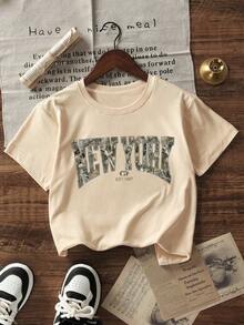 2 pezzi/set Maglietta a maniche corte e pantaloncini larghi casual per ragazze, adatti per scuola/sport/attività all'aperto, moda casual quotidiana, nuova vestibilità casual per primavera/estate - Albicocca - Visualizzare 2