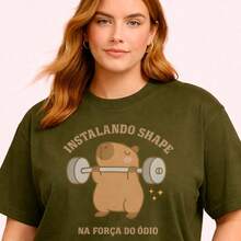 Women's Plus Size Plain Crew Neck T-Shirt, , Oversized, Funny Capybara Meme, Gym Top - xanh quân đội - View 2