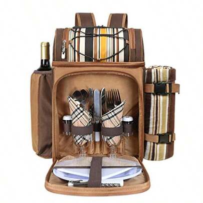 Hap Tim - Mochila para cesta de picnic para 2 personas con 2 compartimentos aislados soporte para vino manta de forro polar juego de cubiertos perfecta para playa viajes de día senderismo