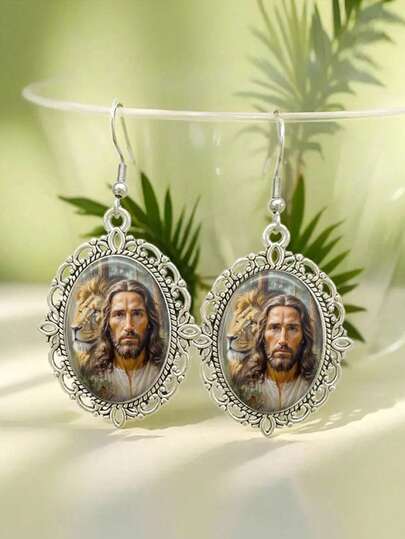 A Pair Of Jesus And Lion Earrings, Vintage Christian Earrings