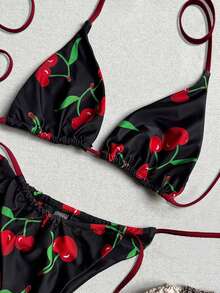 Women's Elegant Black Cherry Print Swimsuit Set, Perfect For Spring And Summer Beach Vacations, Seaside Activities And Stylish Holiday Outfits. - Multicolor - View 4