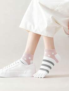 1/2/3/5 Pairs Women Colorful Striped Star Pattern Toe Separator Comfortable Casual Five Finger Socks - Multicolor - View 3