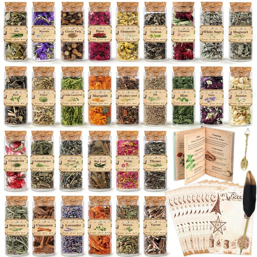 30 Jars Witchcraft Herbs Kit For Beginners, Wiccan Altar Supplies With Crystal Spoon, Feather Pen, Herbal Guidebook & Parchments, Magic Spell Herbs Set For Pagan Ceremonies, Witchcraft Gifts For Women - 30 Jars - 查看 1