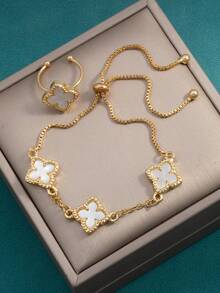 2pcs/Set Lucky Four-Leaf Clover Bracelet & Ring Set, Mother's Day Gift, Gift For Friends - Style 1 - View 8