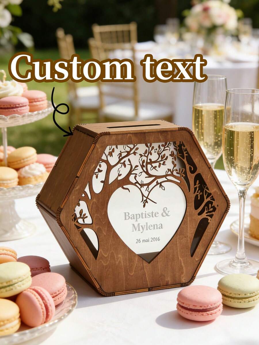 Caixa de madeira personalizada para cartões de casamento (1 unidade), caixa hexagonal personalizada com recorte de árvore e coração, porta-cartões rústico de madeira com nomes e data do casal, caixa para guardar dinheiro e cartões de casamento, caixa de lembranças personalizada para casamento, festa de noivado, chá de panela, presente ideal para noiva, noivo e casal, itens de casamento, presentes personalizados. - Multicolorido - Ver 1