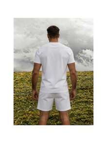 Conjunto masculino casual de dos piezas estilo minimalista con estampado #1 Papa en algodón ajuste holgado cuello redondo manga corta primavera verano uso familiar y diario set - Blanco 1 - Ver 6