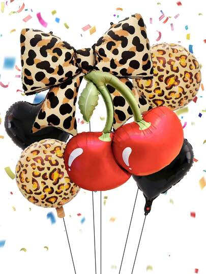 6pcs Party Balloon Decoration Set, Large Leopard Print Bow Foil Balloons, Cherry Shaped Balloons, Heart Balloons, Suitable For Birthday Party, Bachelorette Party, Anniversary, Event Decoration