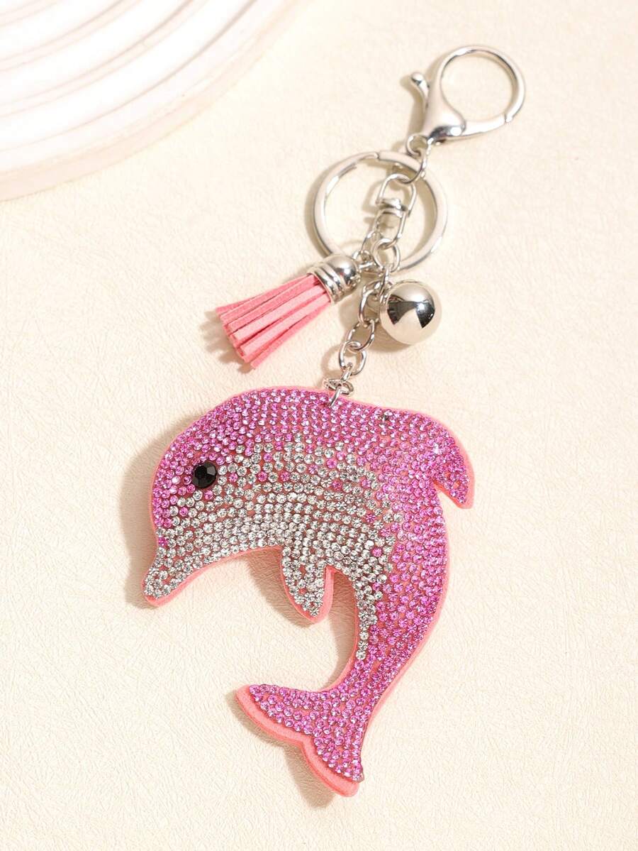 1pc Rhinestone Dolphin Tassel Keychain, Geometric Pattern Bohemian Zinc Alloy Keyring, Suitable For All Seasons - Baby Pink - View 1
