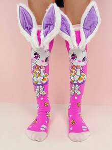 一双可爱的兔子主题过膝袜，带有3D兔子耳朵或小手装饰，适合女孩穿着。儿童袜子，趣味袜子，搞怪袜子。四季皆宜，适合各种场合，例如：疯狂日、派对、角色扮演、户外活动和日常穿着，也是一份很棒的礼物。 - 玫紅色 - 查看 5