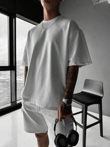 Camiseta casual de manga corta de cuello redondo sólida y holgada para hombre, para uso diario en verano - Blanco - Ver 2