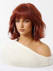 12 Inch Red Short Wavy Wig With Thick Air Bangs, Women's Synthetic Fiber Wig, Natural Looking, Heat Resistant, Suitable For Daily Wear, Parties, Cosplay, High-Quality Heat-Resistant Fiber, Classic Short Wavy Style, Realistic Hairline, Comfortable Fit, Bangs Wig, Short Wavy Synthetic Wig, Natural Looking, Heat Resistant Wig, Women's Daily Wear, Party Cosplay Wig, Platinum Color - Red - View 2
