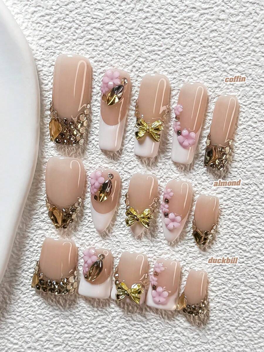 10pcs Luxury Manicure Set, Including Gel Nail Polish, Floral Decor, Golden Bow, Arrow & Teardrop Rhinestones, White Nail Polish, Embossed Champagne Gold Style, With Nail Tools (1 Jelly Sticker + 1 Nail File). Available In 3 Sizes Suitable For Almond, Duck Mouth, Coffin Nails. Suitable For Parties, Daily Wear, Photoshoot, Commute In Spring & Summer - Multicolor - View 1