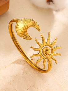 1pc Retro Fashion Original Geometric Crescent Moon & Spiral Sun Oversized Open Bangle Bracelet, Minimalist Versatile Suitable For Daily, Festival, Party, Summer Beach Vacation Wear, Stainless Steel Jewelry Accessory - Golden 3 - View 5