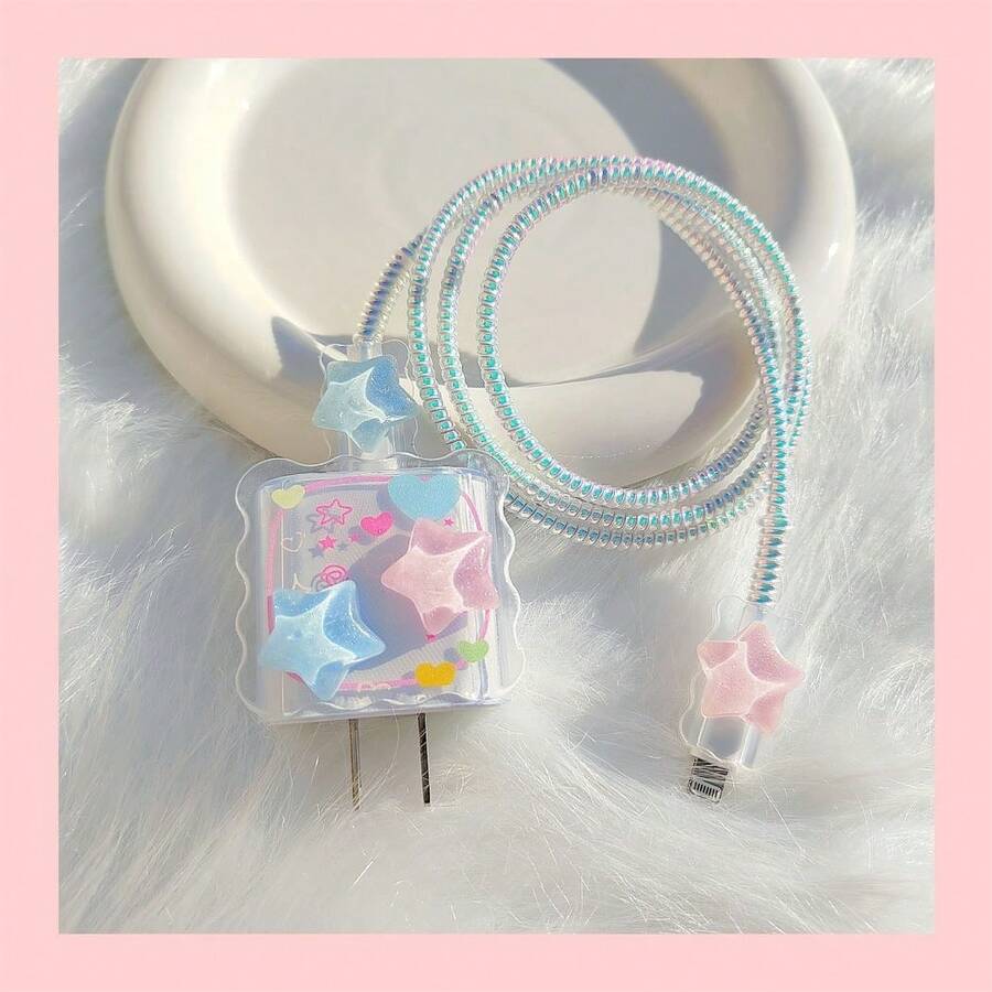 5pcs Macaron Pink & Blue Star 20W US Plug Charger Protective Cover, Compatible With 12PRO/13/14/15/16/17PROMAX, Anti-Break Cable Protector - Multicolor - View 1