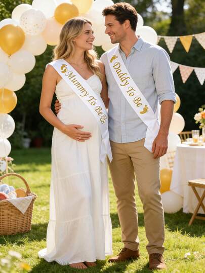 Soon-To-Be Dad & Mom Sash Set - Baby Shower Party Supplies And Gender Reveal Decorations