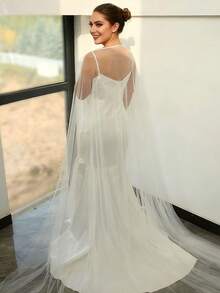 新娘披肩斗篷罩衫，优雅长款拖地柔软网纱披肩，轻薄新娘斗篷 - 彩色 - 查看 9