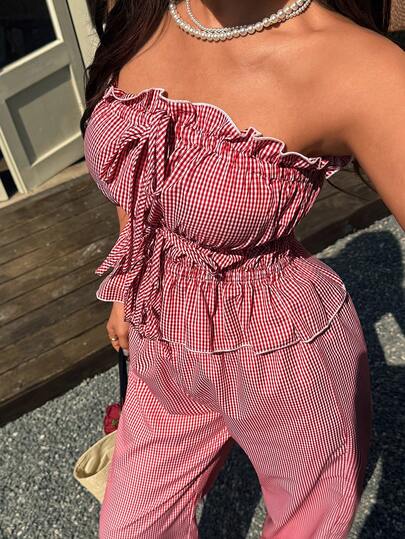 Women's Elegant Commuter Casual Chic Fashion Versatile 2-Piece Set, Featuring Ruffle Hem Elastic Waist Wide Leg Pants And Bandeau Top In Red & White Plaid Design, Suitable For Commute, Party, Halloween, Christmas, New Year, Outing, Gathering With Friends, Daily Wear, Work, All Seasons