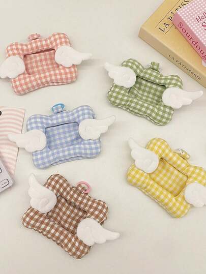 1pc Cute Soft Fabric Card Holder Case For Id/Access Cards, Plaid Pattern Id Badge Holder, Anti-Lost Device, Meal Card, Work Card, Wings Decor, Adjustable Transparent Id Card Sleeve, Extendable Design, Fits Most Card Sizes,Student, Convenient To Carry Back To School Valentines