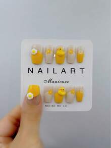 10片手工美甲贴纸套装，芥末黄短梯形，香氛法式美甲贴纸，美甲贴纸，新年美甲，情人节美甲，UV凝胶美甲，夏季美甲，日常美甲，优雅设计，高端法式风格，凝胶指甲油，闪粉，猫眼效果，金属光泽按压式美甲贴片 - 芥末黃 - 查看 3