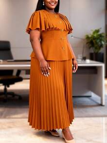 Plus Size Women Elegant Two Pieces Set Pleated A Line Skirt And Cape Style Peplum Blouse With Button Party Business Church Event Occasion - Brown - View 3
