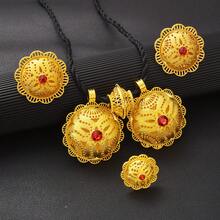 Bộ trang sức 3 món màu vàng sang trọng, tinh tế, hình hoa rỗng, đính đá đỏ, gồm bông tai, nhẫn và dây chuyền, phong cách Ả Rập châu Phi, quyến rũ, thanh lịch dành cho nữ, thích hợp làm quà tặng lễ hội, đính hôn, cưới, sinh nhật. - Vàng - Xem 11